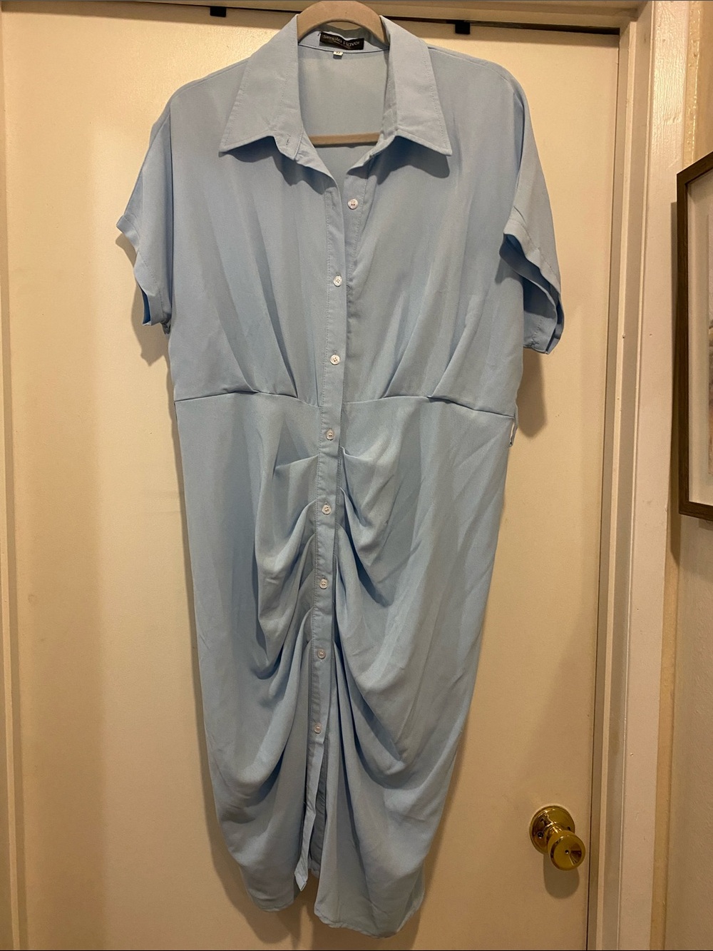 Light Blue Button-Front Ruched Midi Dress by Unknown Brand